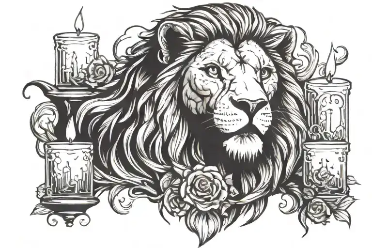 a lion's head with long horns, on a background of candles and a cross tattoo design idea