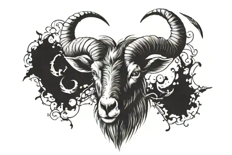 a goat's head with long horns, a cross in the middle tattoo design idea
