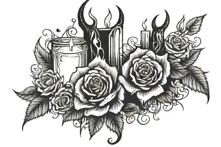 Candles and roses, long horns tattoo design idea