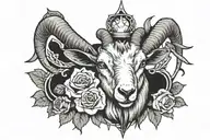 a goat's head with long horns, a cross in the middle, around a rose and a candle tattoo design idea