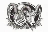 a goat's head with long horns, a cross in the middle, around a rose and a candle tattoo design idea