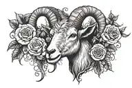 a goat's head with long horns, a cross in the middle, roses and candles around it tattoo design idea