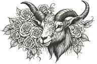 a goat's head with long horns, a cross in the middle, roses and candles around it tattoo design idea