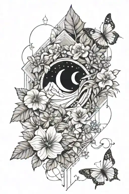 Fluorite crystal with crescent moon in background and forget me not and viola flowers. tattoo design idea