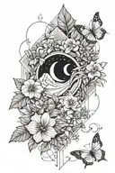Fluorite crystal with crescent moon in background and forget me not and viola flowers. tattoo design idea