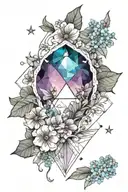Fluorite crystal with crescent moon in background and forget me not and viola flowers. tattoo design idea