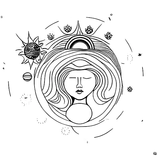 Spiritual Mother Nature kneeling woman with afro holding the world with moon and sun behind her  tattoo design idea