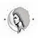 Spiritual Mother Nature kneeling woman with afro holding the world with moon and sun behind her  tattoo design idea