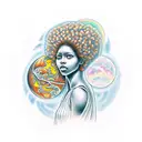 Spiritual Mother Nature kneeling woman with afro holding the world with moon and sun behind her  tattoo design idea