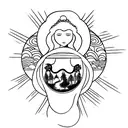 Spiritual Mother Nature kneeling woman with afro holding the world with moon and sun behind her  tattoo design idea