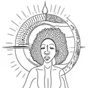 Spiritual Mother Nature kneeling woman with afro holding the world with moon and sun behind her  tattoo design idea