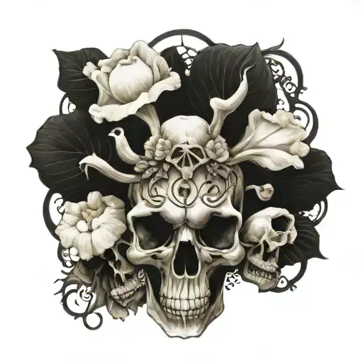 animal skull in a gothic dark style featuring mushrooms, insects, spiderweb, flowers  tattoo design idea