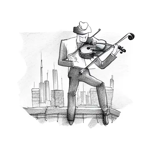 violinist on a roof in Front of City by Night tattoo design idea