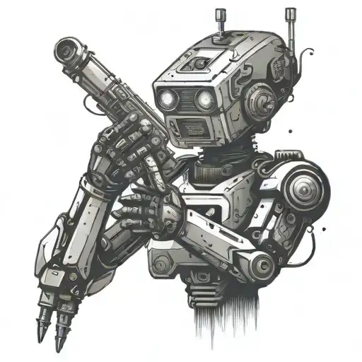 A cybernetic punk robot with hardcore band logos as tattoos tattoo design idea