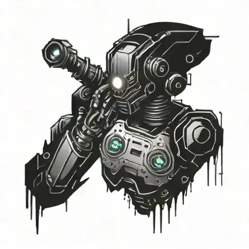 A cybernetic punk robot with hardcore band logos as tattoos tattoo design idea