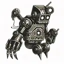 A cybernetic punk robot with hardcore band logos as tattoos tattoo design idea