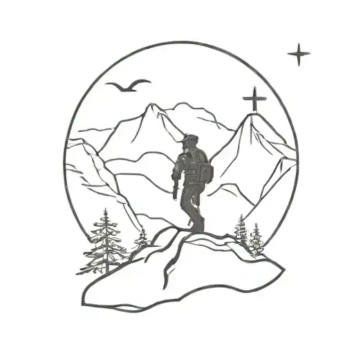 A silhouette of a police officer hiking through a mountain range, with a small cross symbol representing Christianity in the background tattoo design idea