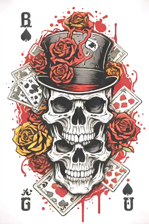 skull face, Blood Middle Finger, Poker cards arranged tattoo design idea