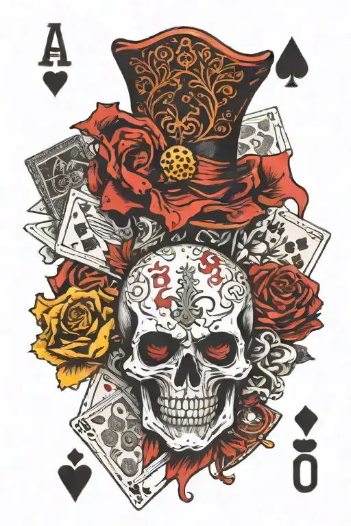 skull face, Blood Middle Finger, Poker cards arranged tattoo design idea