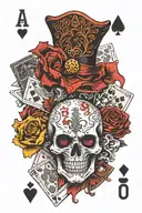 skull face, Blood Middle Finger, Poker cards arranged tattoo design idea
