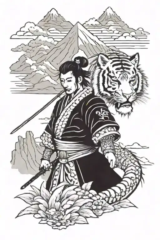 samurai with geisha face with mountains in background and tiger tattoo design idea