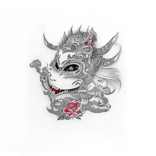 girl weaking hannya mask tattoo design idea