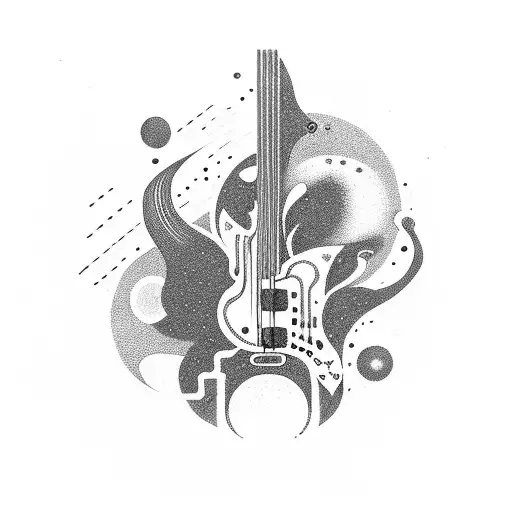 A bass guitar merging into a cosmic landscape with planets and a black hole tattoo design idea