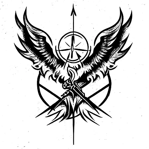 eagle with alchemist fire symbol and sword tattoo design idea