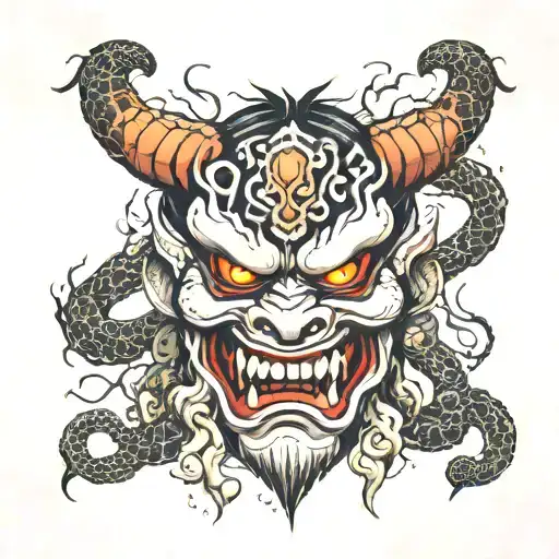 oni mask with snakes and mists of smoke around it  tattoo design idea