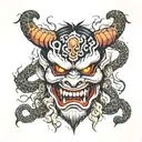 oni mask with snakes and mists of smoke around it  tattoo design idea