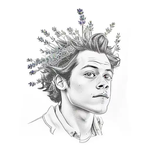 A black-grey tattoo of Harry Styles holding a bouquet of lavender tattoo design idea