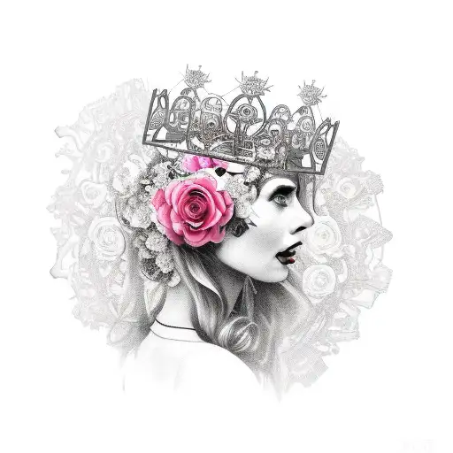 A beautiful girl with a crown of roses and gears, representing the combination of femininity and engineering tattoo design idea