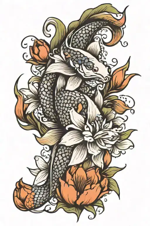 koi fish and tulips lilies tattoo design idea