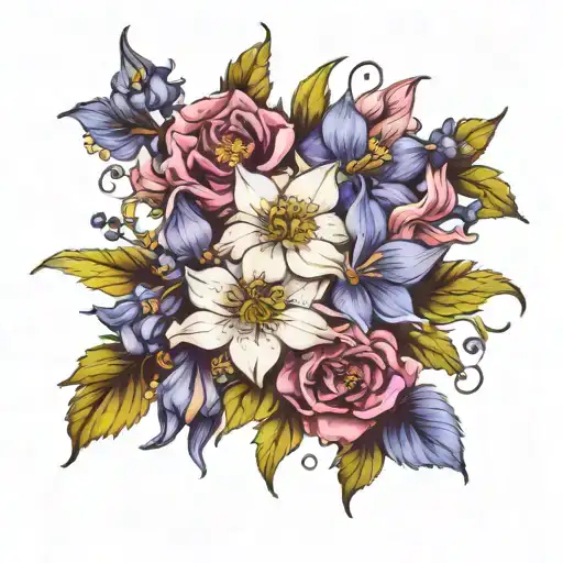delphinium, water lilly, violet and iris flowers tattoo design idea