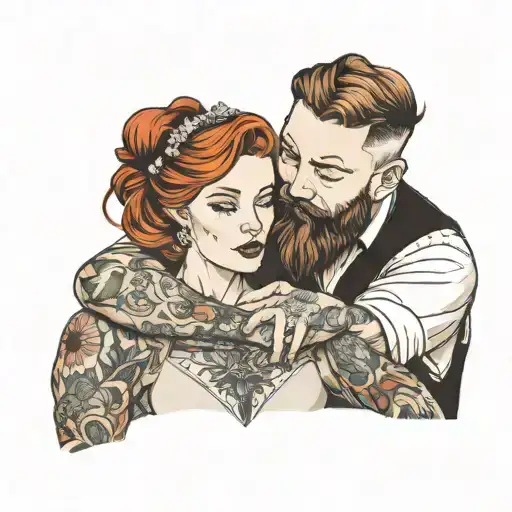 a handsome bearded young man cuddling his redhead princess tattoo design idea