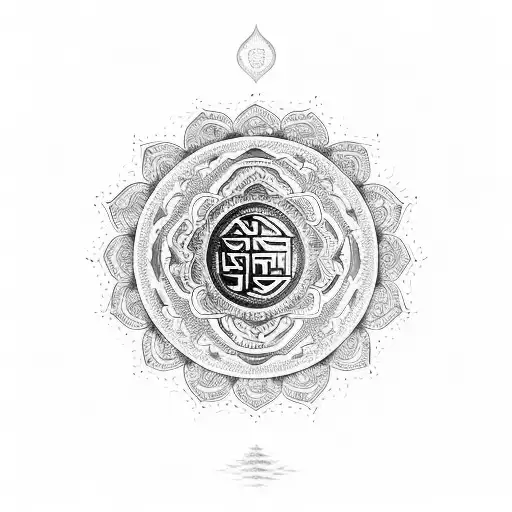 A mandala design incorporating Tibetan script and mountains tattoo design idea