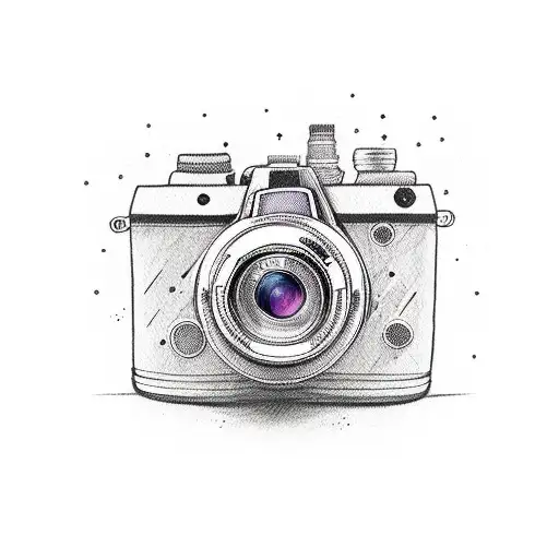 A camera lens with a paintbrush and pen intertwined around it tattoo design idea