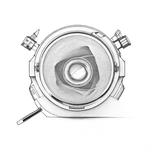 A camera lens with a paintbrush and pen intertwined around it tattoo design idea