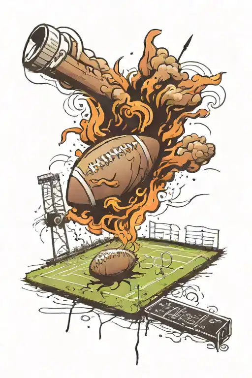 A football field with cigar smoke forming the outline of various tools scattered across the field tattoo design idea