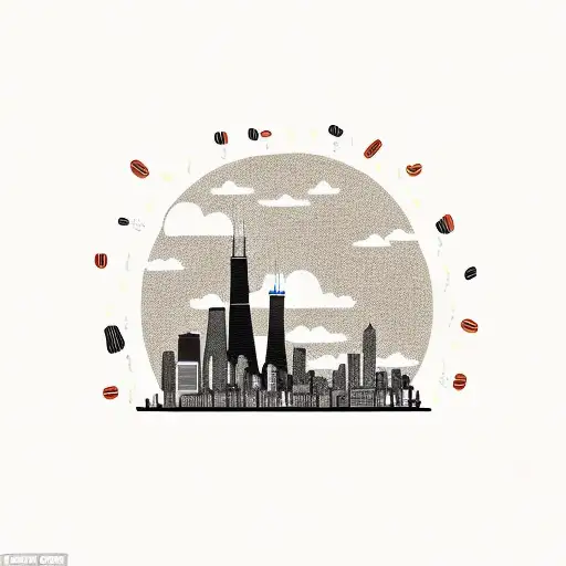 A skyline of Chicago made of coffee beans, with a slice of pizza and a hot dog as the buildings tattoo design idea