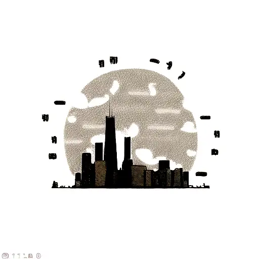 A skyline of Chicago made of coffee beans, with a slice of pizza and a hot dog as the buildings tattoo design idea