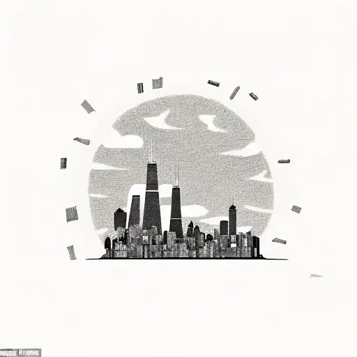 A skyline of Chicago made of coffee beans, with a slice of pizza and a hot dog as the buildings tattoo design idea