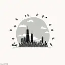 A skyline of Chicago made of coffee beans, with a slice of pizza and a hot dog as the buildings tattoo design idea