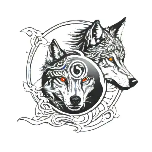 An abstract design of a wolf and a sharingan eye intertwined in a yin-yang symbol tattoo design idea