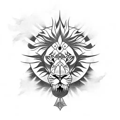mandala with lion, skull, Japanese warrior tattoo design idea