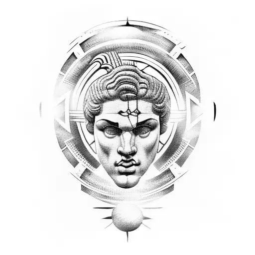 apollo greek god face inside a sun symetrical tattoo design idea