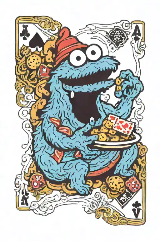 Cookie Monster eating playing cards tattoo design idea