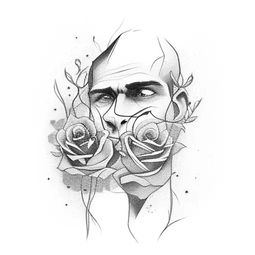 half man face, below the nose, neck with roses, no rose above neck ,cut opened head with straw, and side view tattoo design idea