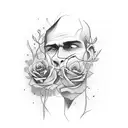 half man face, below the nose, neck with roses, no rose above neck ,cut opened head with straw, and side view tattoo design idea