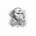 half man face, below the nose, neck with roses, no rose above neck ,cut opened head with straw, and side view tattoo design idea